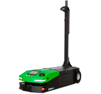 AGV suivant une ligne physique au sol avec système de guidage optique et capteurs intégrés.